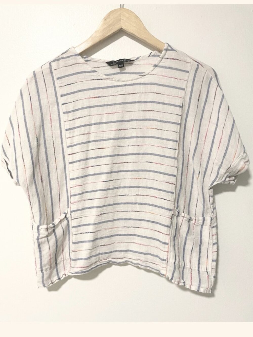 Striped Linen Blend Boxy Crop Top Pockets Short Sleeve Ivory Pastel Stripes